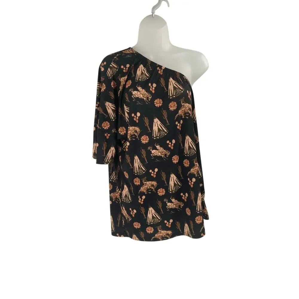 Sterling Kreek Not My First Rodeo Western Print One Shoulder Blouse Women’s 2X - Picture 2 of 9